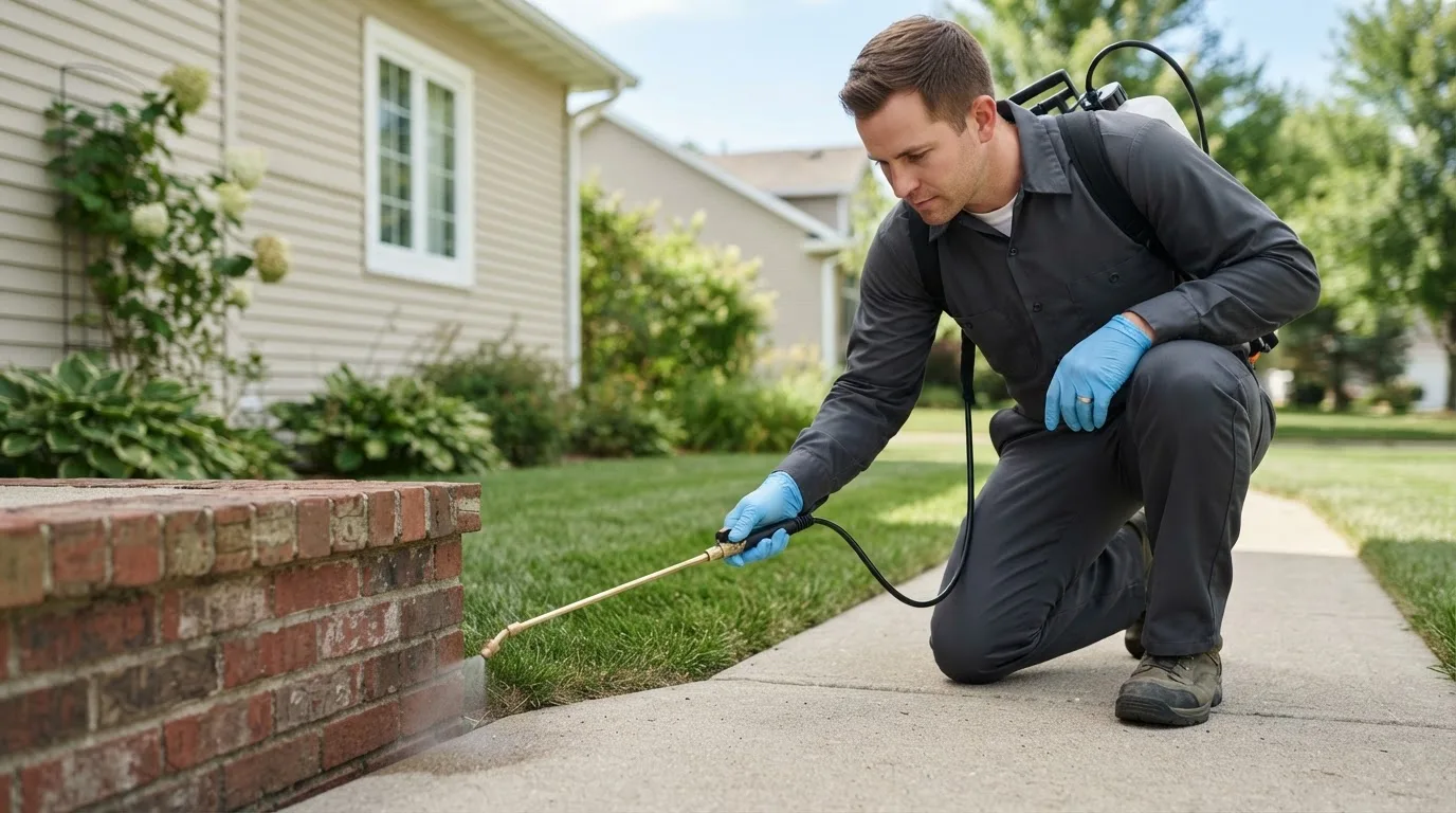 Pest control technician treating a home near New Holland, SD