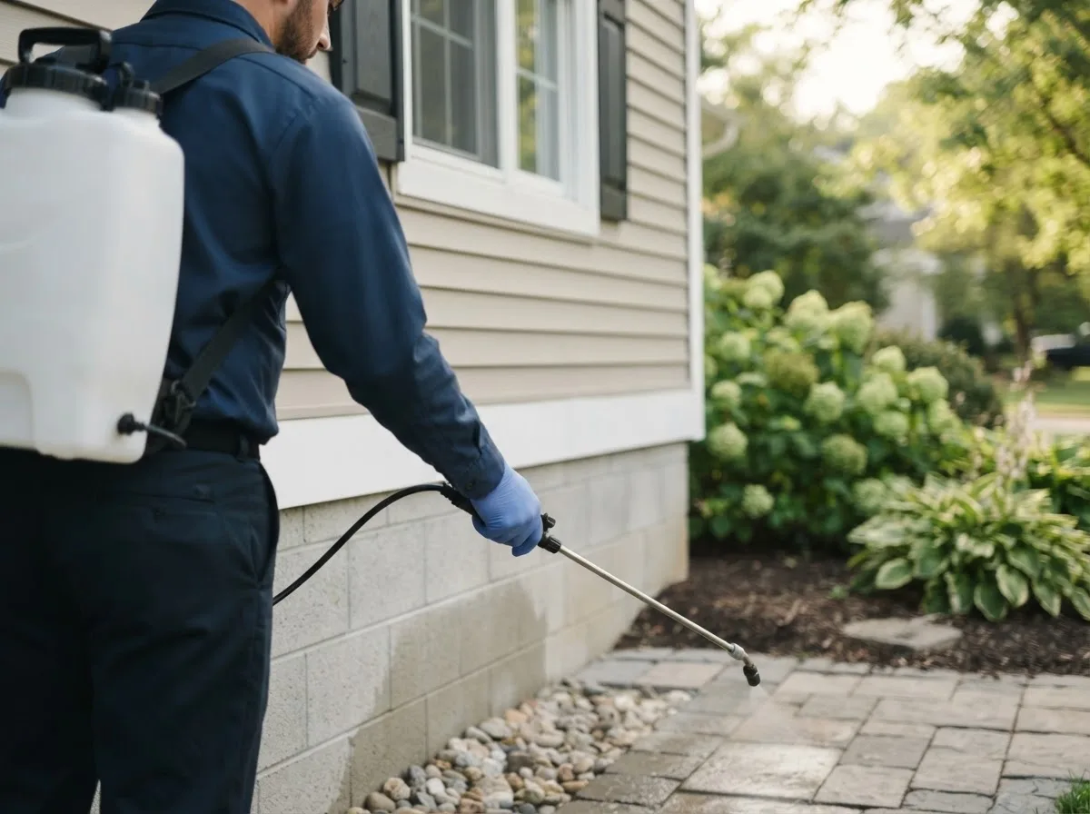 Pest control technician inspecting a home in New Holland, SD